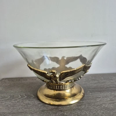 Vtg Philadelphia Mfg Brass Toned Casted Metal Federal Eagle Base Glass Bowl  - Image 1 of 4