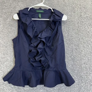 Lauren Ralph Lauren Bluse Damen 12 marineblau ärmellos Rüschen vorne Schößchen Oberteil - Bild 1 von 7