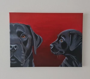 Original Oil Painting On Canvas "Black Labrador Dog And Puppy" 40cm x 30cm - Picture 1 of 3