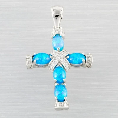 Latin Cross Ocean Blue Fire Opal Cabochon CZ Silver Jewelry Necklace Pendant - Image 1 of 4