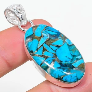 Copper Blue Turquoise Gemstone 925 Sterling Silver Jewelry Pendant 2.09" j859 - Picture 1 of 3
