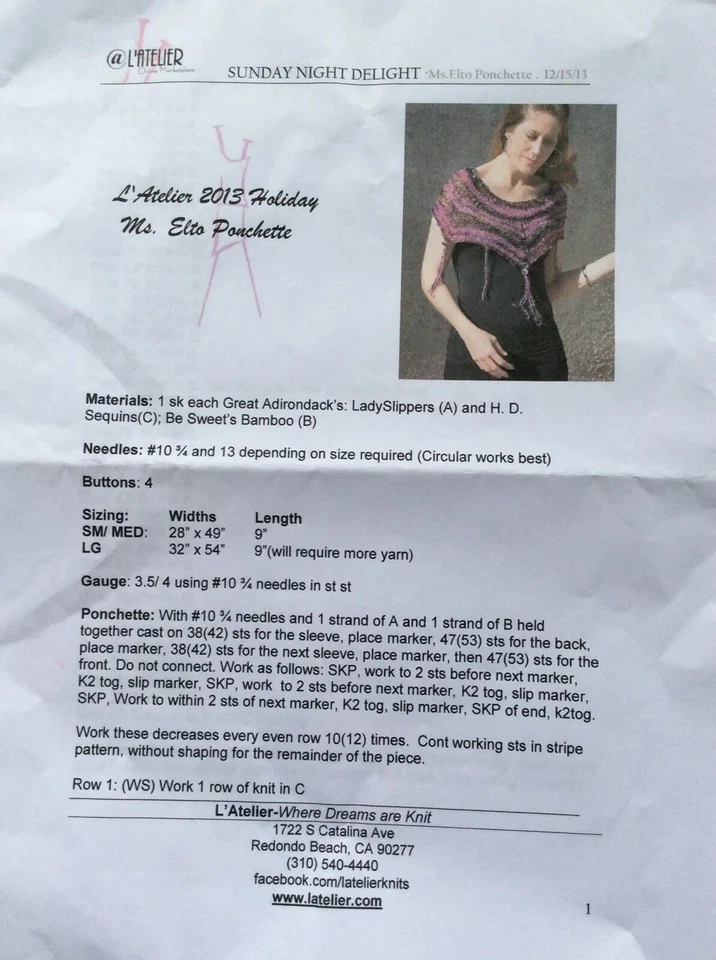 L’Atelier Design:  Single Knitting Pattern:  Ms. Elto  Ponchette  2013 Holiday - Image 1 of 1