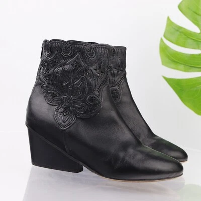 Bota Sesto Meucci Mujer Talla 10 Cuero Negro Tacón Bloque Flor Bordado Italia Foto 1 de 4