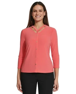 Tommy Hilfiger V-Neck Cutout Blouse Women's L Sherbet 3/4 Sleeve Pullover~ - Picture 1 of 15