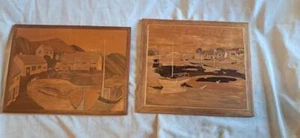 DOS CUADROS DE MARQUETERÍA DE MEDIADOS DE SIGLO DE PUEBLOS PESQUEROS, KITSCH RETRO DE MEDIADOS DE SIGLO - Imagen 1 de 19
