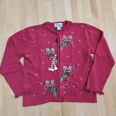 Cárdigan suéter de Navidad de reno rojo alegre de colección de reliquia talla 12-14 Foto 1 de 4