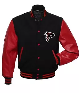 Atlanta Falcons Black Body Red Leather Letterman Jacket Varsity Jacket - Picture 1 of 5