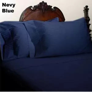 Queen Size Navy Stripe 4 Piece Sheet Set 1000 Thread Count 100% Egyptian Cotton - Picture 1 of 1