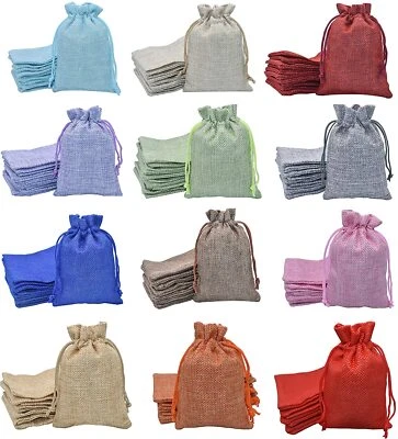 25-100 Pcs Wedding Burlap Bags Linen Jewelry Pouches Jute Hessian Gift Bag Favor - Image 1 of 4