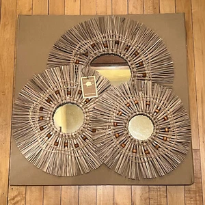Boho Round Wicker Woven Straw Hanging Wall Mirror Set/3 - Picture 1 of 6