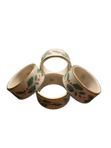 4 Vintage Lenox China Holiday Christmas Holly Berry Napkin Rings 1 3/4" Wide ECU - Picture 1 of 17