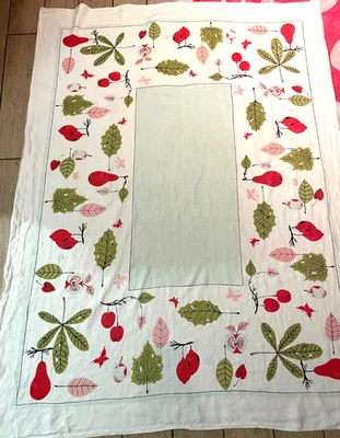 Vintage MCM Mod PINK & AVOCADO GREEN Printed Tablecloth Fruit Leaves HUGE 67x51" - Image 1 of 4