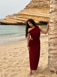 ZARA WOMAN SS25 RUCHED LINEN BLEND MIDI DRESS MAROON 2840/709 NWT_XS, S, L - Picture 1 of 24