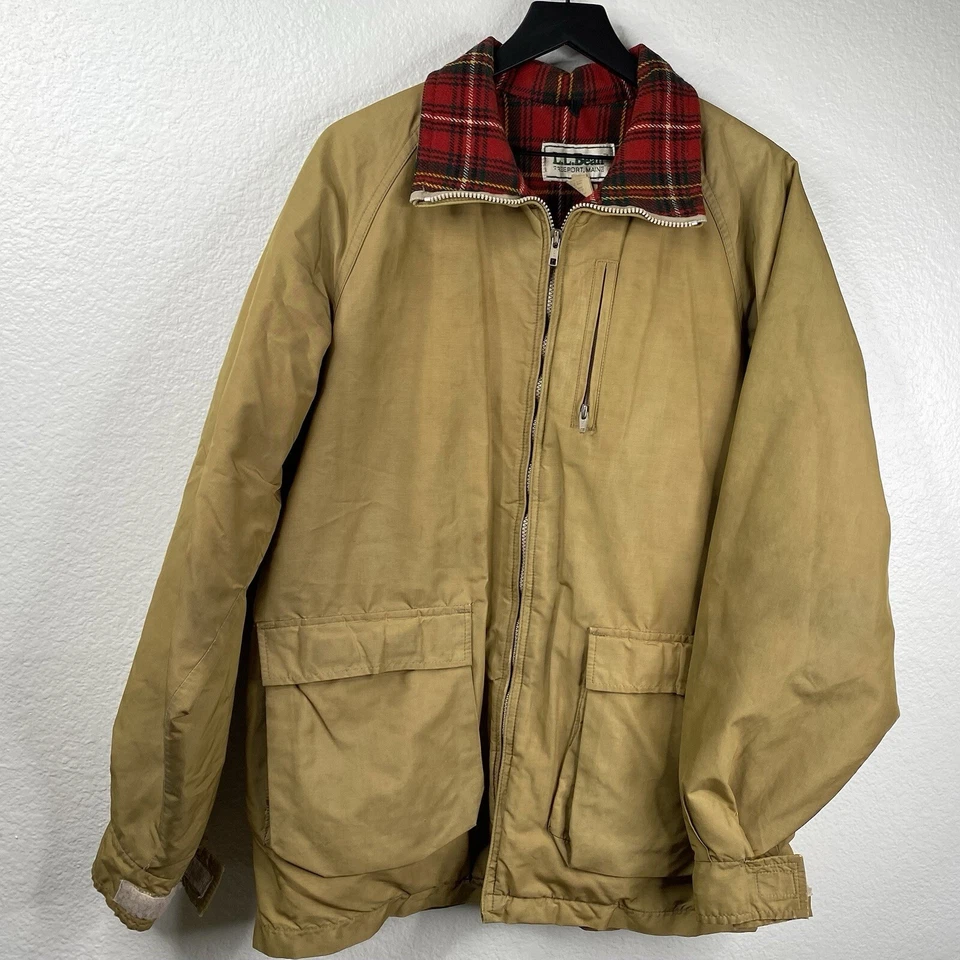 LL Bean Coat Jacket Men's Tan Sz L Long Wool Plaid Lining Barn Chore Vintage - Image 1 of 4