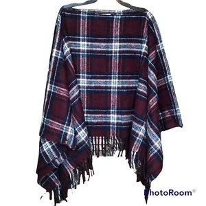 Vintage Peerless Of Boston Wool Plaid Cape Poncho Blanket With Fringe One Size - Picture 1 of 4