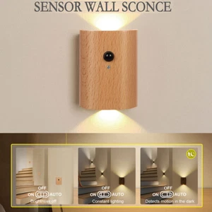 Magnetic Wooden Wall Lamp Motion Sensor LED Night Light USB Rechargeable Sconces - Picture 1 of 12