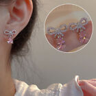 1/2Pair Shining Pink Zircon Waterdrop Bow Stud Earrings Romantic Heart Jewel  WB