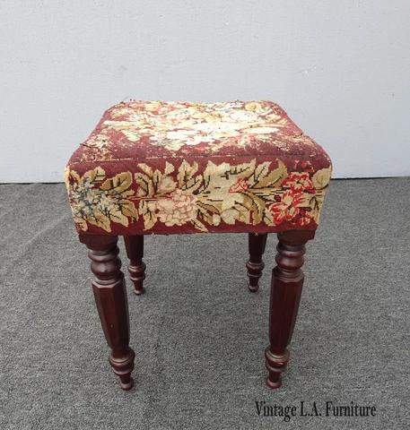 Vintage French Provincial Burgundy Needlepoint Tapestry Bench Foot Stool Asis Cover