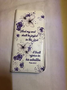 iPhone 6/6s 7 8Wallet Case Palms 35:9 Religious White Purple Flowers Butterflies - Zdjęcie 1 z 4