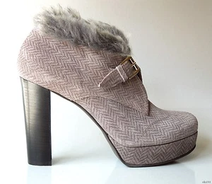 STUDIO POLLINI gray suede fur trim size 8 buckled ANKLE BOOTS Shoes 38 new $445 - Picture 1 of 4