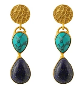 Brand New Handmade Turquoise & Lapis Lazuli 18k Gold Plated Hanging Earrings - Picture 1 of 4