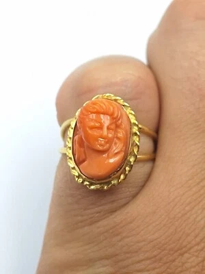 Anello Cameo vero corallo Antico Arancione Di Sardegna Argento 925 Oro Giallo  - Immagine 1 di 4