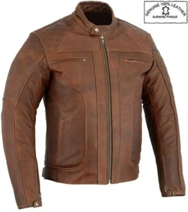 MENS DISTRESSED BROWN PREMIUM QUALITY LEATHER MOTORBIKE / MOTORCYCLE JACKET - Picture 1 of 3