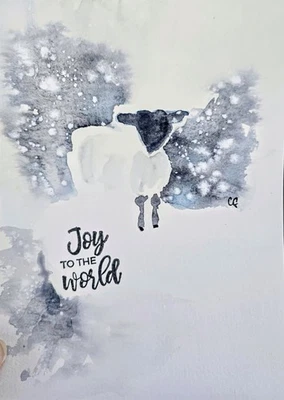 Оригинальная подписанная акварельная картина. Christmas.Sheep.snow.Nativity.Holiday art.  - Изображение 1 из 2
