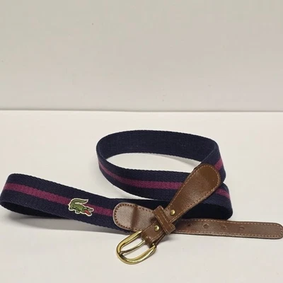 VINTAGE IZOD LACOSTE MEN’S BELT size 38 Navy Canvas Brown Leather - Image 1 of 4