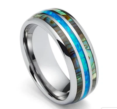 🔥¡NUEVO! Anillo de compromiso con incrustación azul abulón de tungsteno plateado para mujer 7” Foto 1 de 3