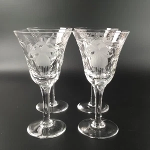 4 Royal Brierly FUCHSIA Crystal Wine Glasses Etched Florals & Cut Leaves 7" Tall - Picture 1 of 16
