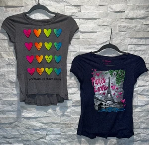 EUC LOT of 2 Girl's HANES Graphic T Shirts S/S Flare Bottoms Paris & Hearts L - Picture 1 of 5