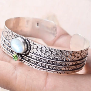 Rainbow Moonstone, Peridot Cut Gemstone Bracelet 925 Sterling Silver Cuff Bangle - Picture 1 of 6