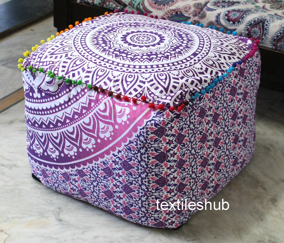 New Indian Mandala Square Ottoman Handmade Pouf Cover Footstool Seating Cover - Image 1 of 1
