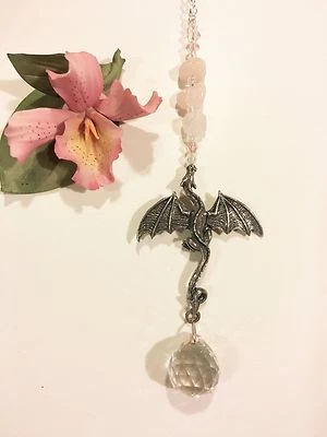 Adorno de espejo retrovisor, encanto de coche dragón, piedra preciosa de cuarzo rosa ventana Suncatch Foto 1 de 2