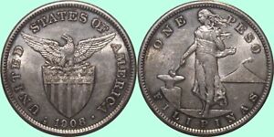 1908-S US/Philippines Peso ~ AU+ ~ 80% Silver ~ Allen#17.03 ~ M226