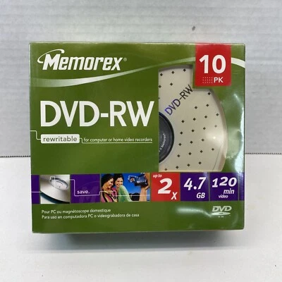 New Memorex DVD-RW 4.7GB Slim 2x Discs 10 Pack Large Storage Blank Media Sealed - Image 1 of 4