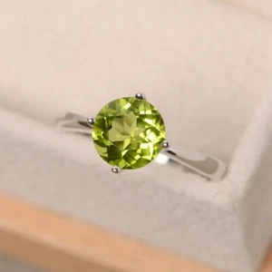 Solitaire Peridot Women Ring Natural Gemstone Round 925 Sterling Silver Ring - Picture 1 of 5