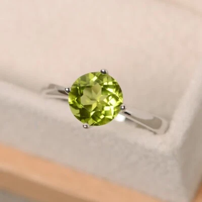 Solitaire Peridot Women Ring Natural Gemstone Round 925 Sterling Silver Ring - Image 1 of 4