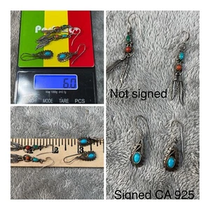 2 Pair VTG Sterling Silver Native American Turquoise & Coral Feather Earrings - Picture 1 of 10