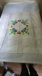 Vintage White Embossed & Hand-Painted Table Cloth 51 Inch Square (317) - Picture 1 of 7