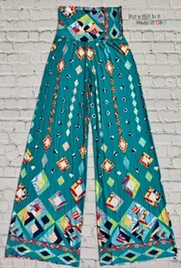 New USA Womens JUP HIGH WAISTED JADE GEOMETRIC BOHO SILKY PALAZZO PANTS S M L - Picture 1 of 3