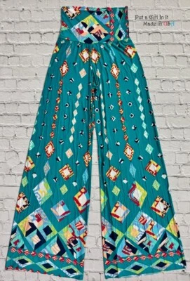 New USA Womens JUP HIGH WAISTED JADE GEOMETRIC BOHO SILKY PALAZZO PANTS S M L - Image 1 of 3