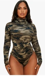 SweatyRocks Damen Basic Solid Rollkragen Langarm Body Suit Jump Suit Camouflage - Bild 1 von 2
