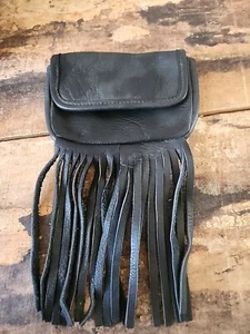 Small Black Leather Pouch With Fringe And Belt Loops,Biker, Motorcycle, Boho - Picture 1 of 5