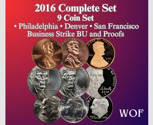 2016 P D S LINCOLN CENT, JEFFERSON NICKEL, DIME, 9 COIN SET NEW BU PLUS 3 PROOFS - Picture 1 of 8