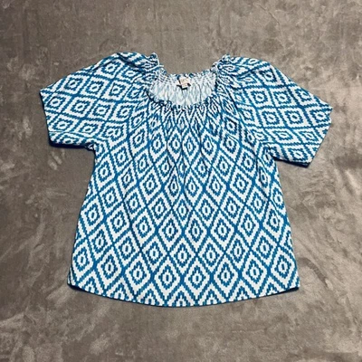 Top informal de verano LOFT Outlet azul blanco estampado geométrico calado fuera del hombro XS Foto 1 de 4