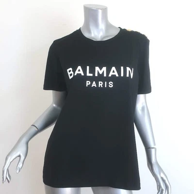 Balmain 3 Button Logo T-Shirt Black Cotton Size Large Short Sleeve Top NEW - Image 1 of 4