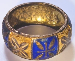 1930s–60s Blue Enamel Wide Band Ring, Champlevé Gilt Brass, Greek Cross Panels S - Picture 1 of 18