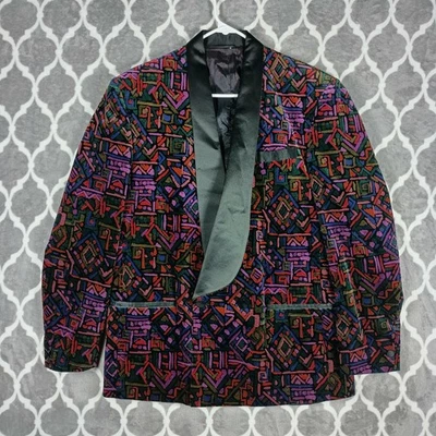 Vintage Falcone Velvet Tuxedo Dinner Jacket Mens 44R Shawl Lapel Bold Artsy - Image 1 of 4